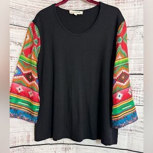 JOHNNY WAS Calme Top Womens size XS Scarf Sleeve Biya Bamboo Silk Tee Boho Aztec